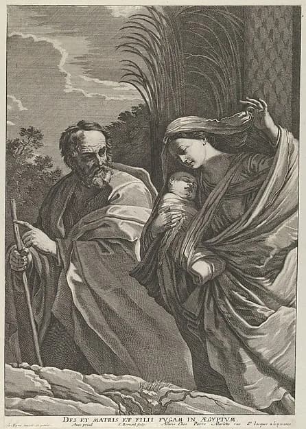 The Flight into Egypt; the Virgin carrying the infant Christ, Joseph pointing to the left, trees behind them, after Reni by Samuel Bernard depicting Matthew 2