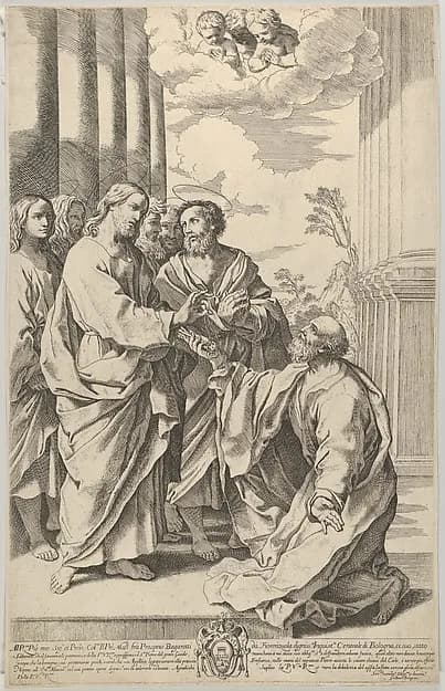 Christ giving the keys of the church to Saint Peter who kneels before him by Gian Battista Bolognini depicting Matthew 4