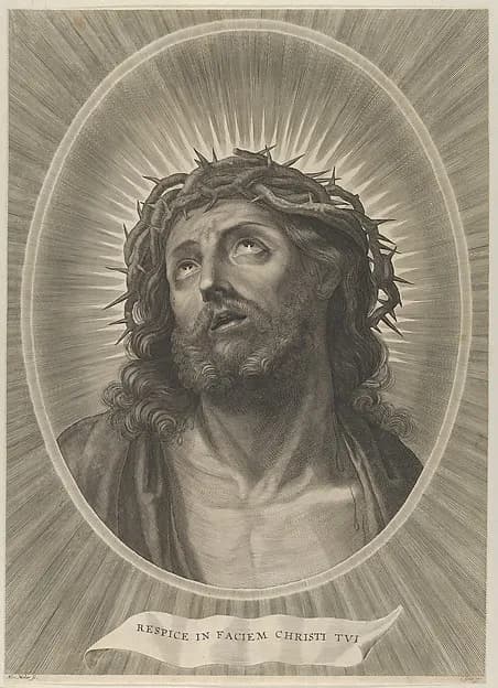 Head of Christ looking up with crown of thorns, in an oval frame, after Reni by Adrian van Melar depicting John 1