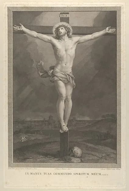 Christ crucified on the cross, a skull at the base, buildings in the background, after Reni by Giovanni Volpato depicting Matthew 27