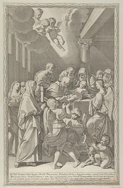 The circumcision of Christ, a group of men, women and angels surrounding him, the young Saint John the Baptist at lower right, after Reni by Giacomo-Maria Giovannini depicting Luke 2
