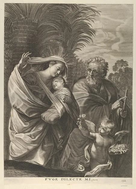 The Flight into Egypt; the Holy Family walking together, Saint Joseph pointing to the right and the Virgin carrying the infant Christ, an angel in front of her offering a flower, after Reni by Anonymous depicting Matthew 2