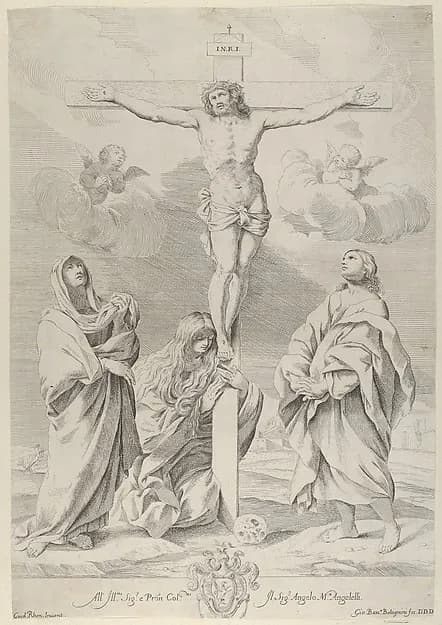 Christ on the cross, Saint John the Baptist at right, Mary Magdelene and the Virgin at left, after Reni by Gian Battista Bolognini depicting Matthew 3