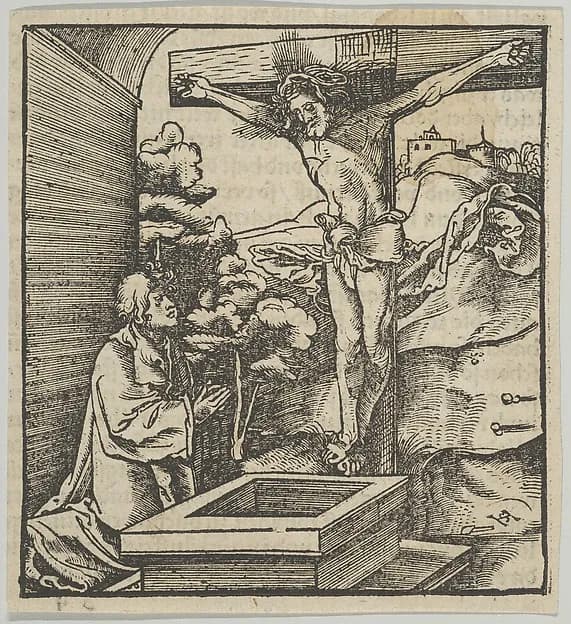 A Man Praying before a Crucifix, from Hymmelwagen auff dem, wer wol lebt... by Hans Schäufelein depicting Matthew 27