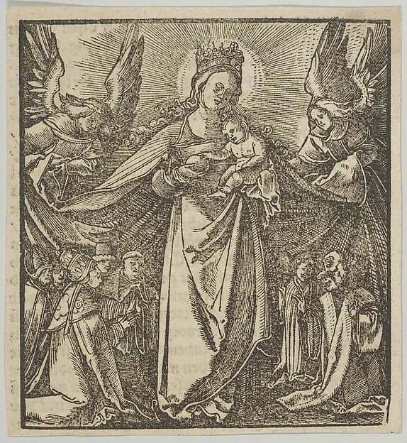 The Madonna of Mercy, from Hymmelwagen auff dem, wer wol lebt... by Hans Schäufelein depicting Luke 2