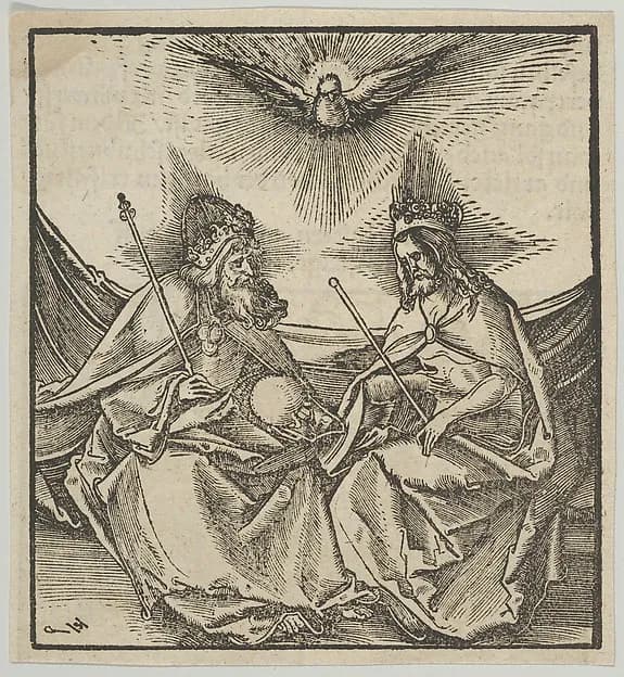The Holy Trinity, from Hymmelwagen auff dem, wer wol lebt... by Hans Schäufelein depicting Matthew 28