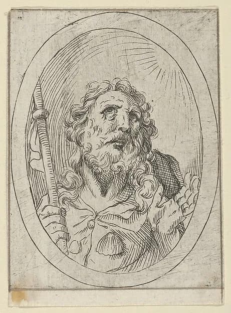 Saint James Major, looking upwards and holding a staff, from "Christ, the Virgin, and Thirteen Apostles" by Anonymous, 17th century depicting James 1