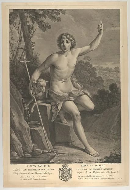 Saint John the Baptist in the desert, seated on a rock and pointing upward with his left hand, a lamb at his right by Pedro Pascual Moles depicting Matthew 3