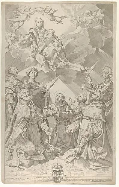 Patron saints of Bologna looking upwards at the Virgin who is seated in the clouds with the infant Christ on her lap by Flaminio Torre (Torri) depicting Luke 1