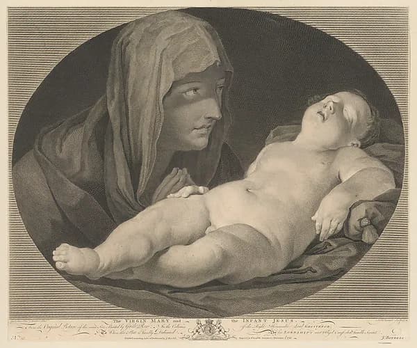 The Virgin in prayer, looking at the sleeping infant Christ, in an oval frame, after Reni by Simon Francis Ravenet, the elder depicting Luke 1