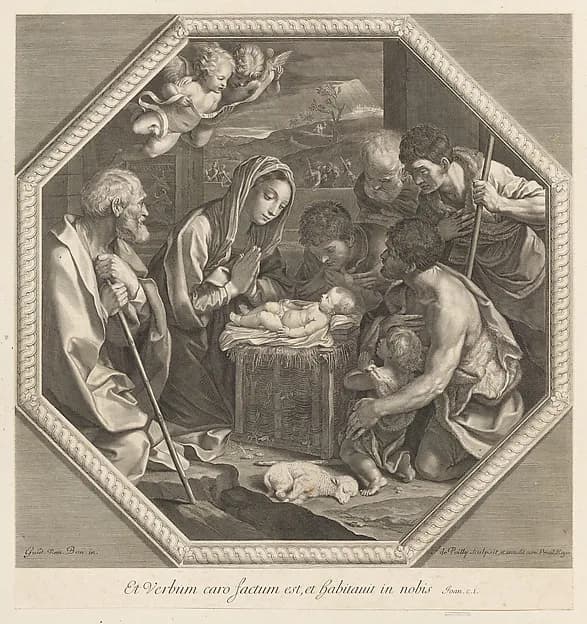 The adoration of the shepherds who kneel together at right before the infant Christ, the Virgin and Saint Joseph at left, two angels above, in an octagonal frame, after Reni by Francois de Poilly depicting Luke 2