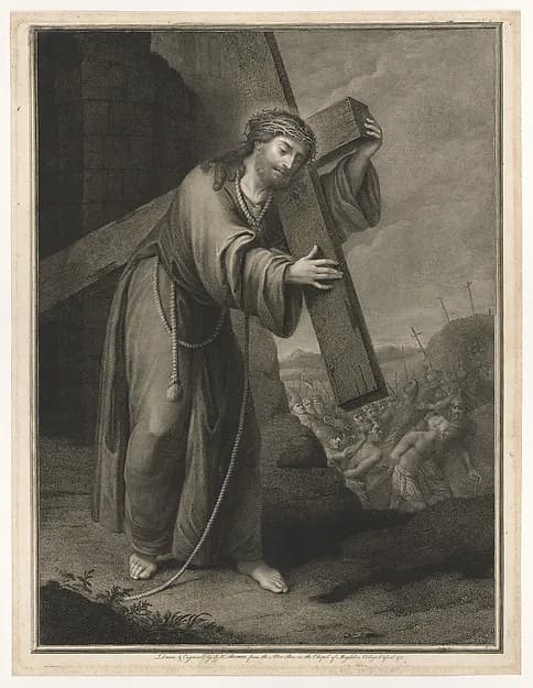 Christ carrying the cross, at right the two thieves on the road to Calvary, two crosses in the background, after Reni (?) by John Keyse Sherwin depicting Mark 15