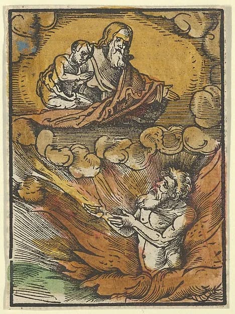 The Rich Man in Hell and the Poor Lazarus in Abraham's Lap, from Das Plenarium by Hans Schäufelein depicting Genesis 18