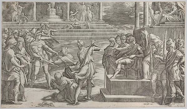 The martyrdom of Saint Paul and the condemnation of Saint Peter by Giovanni Jacopo Caraglio depicting Matthew 4