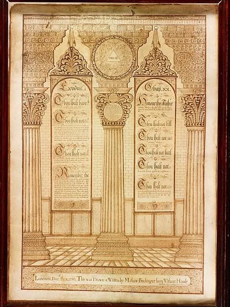 Ten Commandments, London, December 3, 1730 by Matthias Buchinger depicting Exodus 20