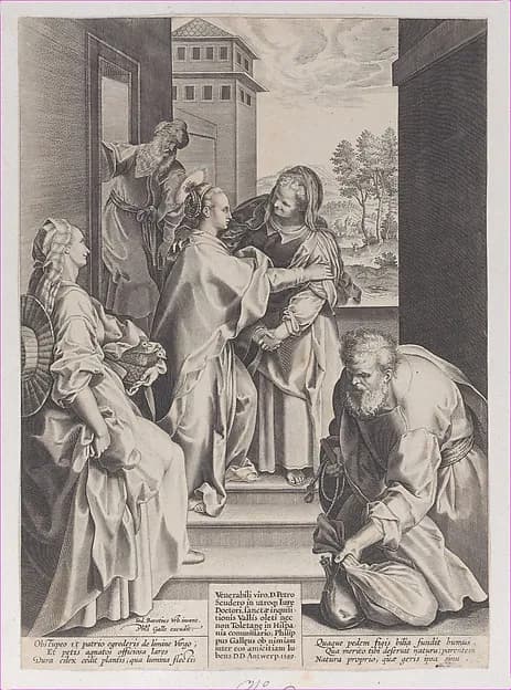 The Visitation, the Virgin and Saint Elizabeth embracing in the center, flanked by other figures, after Barocci by Philips Galle depicting Luke 1