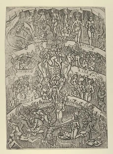 The Inferno according to Dante, after the Last Judgment fresco in the Campo Santo, Pisa by Anonymous, Italian, Florentine, 15th century depicting Revelation 20