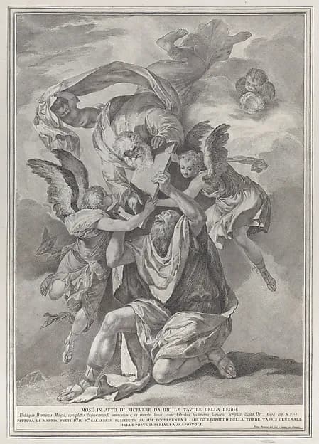 Moses receiving the Tablets of the Law from God who descends from the heavens; from the series of 112 prints of the sacred history, after the painting by Mattia Preti by Pietro Monaco depicting Exodus 20
