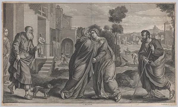 Visitation; Saint Elizabeth embracing the Virgin at center as Saint Joseph walks toward them on the right and Zacharias greets them on the left; from 'Theatrum Pictorium', after Palma Il Vecchio by Peeter van Lisebetten depicting Luke 1