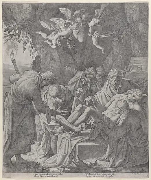 Christ being laid into the sepulcher as the Virgin stands weeping behind by Pasquale Ottino (Pasqualotto) depicting John 1