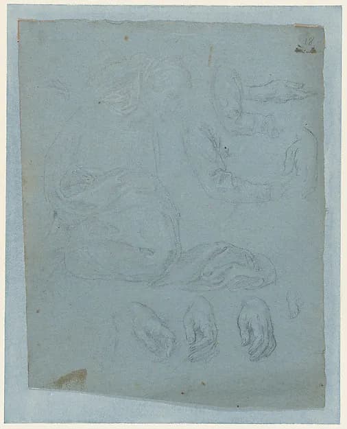 Studies for the Virgin and Saints in the Nativity (interior of shutter of the organ in Milan Cathedral) by Giovanni Ambrogio Figino depicting Luke 2