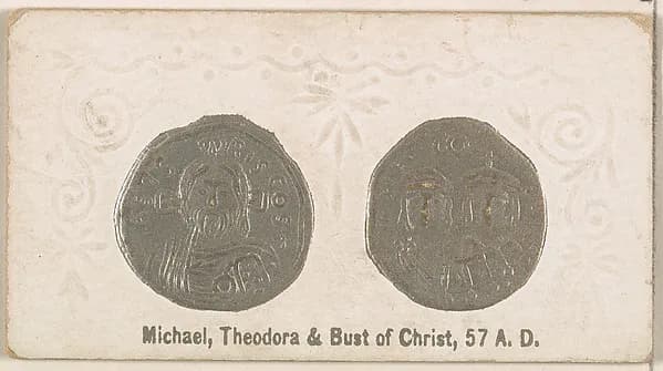 Michael, Theodora, and Bust of Christ, 57 A.D., from the Ancient Coins series (N180) issued by Wm. S. Kimball & Co. by William S. Kimball & Company depicting John 1