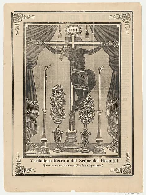 Broadsheet relating to Our Lord of the Hospital (Salamanca, Guanajuato) on a crucifix on an altar by Anonymous depicting Matthew 27