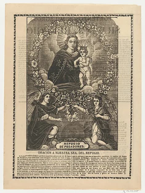 Broadsheet relating to Our Lady of Refuge with prayer by Anonymous depicting Luke 1
