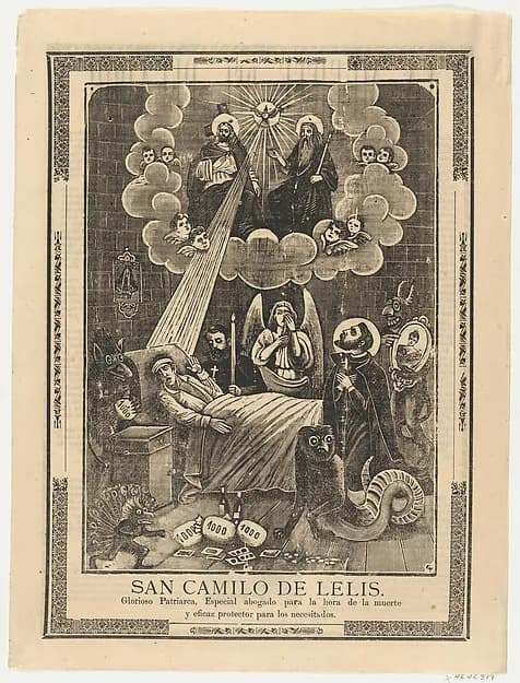 Broadsheet with Saint Camilo de Lelis in bed surrounded by demons, priests and the Holy Trinity above by Anonymous depicting Matthew 28