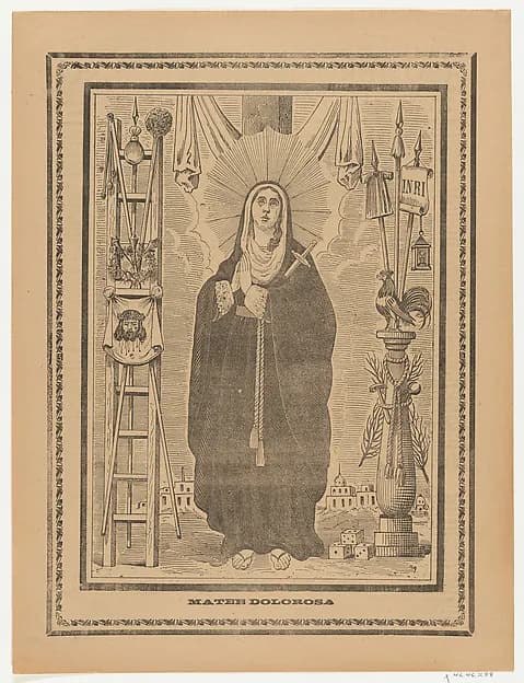 Broadsheet with the Virgin of Sorrows, flanked by instruments on the Passion by Anonymous depicting Luke 1
