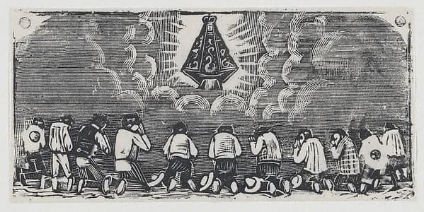 Figures kneeling before the Virgin by José Guadalupe Posada depicting Luke 1