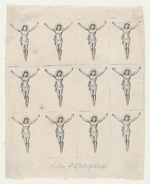 Sheet of Twelve Crucified Christs by Anonymous, German, 19th century depicting Matthew 27