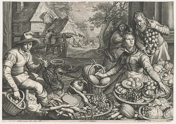Market Scene, the Rest on the Flight into Egypt in the Background, from Kitchen and Market Scenes with Biblical Scenes in the Background by Jacob Matham depicting Matthew 2