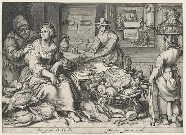 Kitchen Scene with a Maid Drawing Poultry, the Parable of the Rich Man and the Poor Lazarus, from Kitchen and Market Scenes with Biblical Scenes in the Background by Jacob Matham depicting John 11