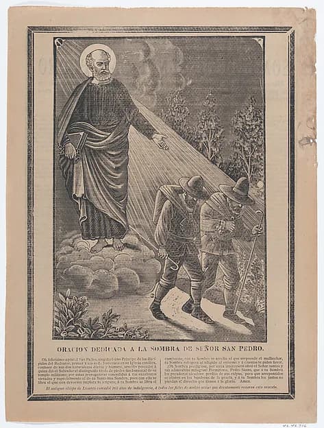 Indulgence with an image of St Peter watching over two pilgrims by José Guadalupe Posada depicting Matthew 4