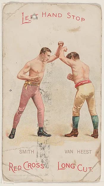 Left Hand Stop, Solomon Smith and Johnny Van Heest, from the Boxing Positions and Boxers series (N266) issued by P. Lorillard Company to promote Red Cross Long Cut Tobacco by P. Lorillard Company depicting 1 Kings 3