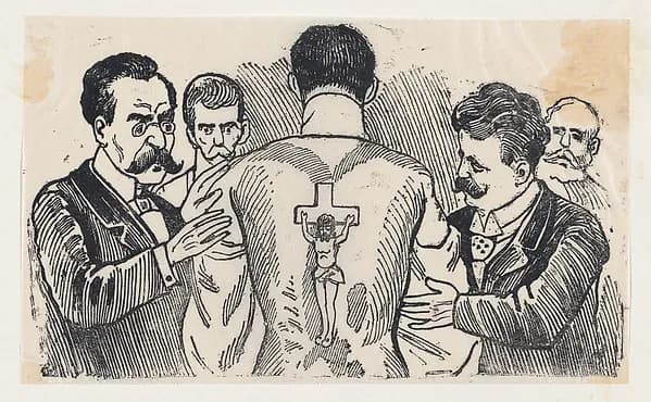 A group of men looking at a man's back with an image of the Crucifixion by José Guadalupe Posada depicting Matthew 27