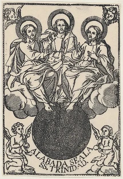 The Holy Trinity sitting on clouds surrounded by angels by Anonymous, Mexican depicting Matthew 28