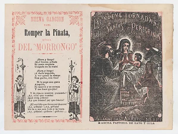 Cover for 'Las Nueve Jornadas de los Santos Peregrinos', Holy Family in the manger by José Guadalupe Posada depicting Luke 2