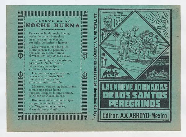 Cover for 'Las Nueves Jornadas de los Santos Peregrinos', Mary on horseback and Joseph being guided through Egypt by an angel by José Guadalupe Posada depicting Luke 1
