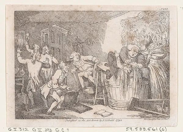 Parson Adams Betrayed into an Unhappy Dunking Scene, from "The Adventures of Joseph Andrews, and his friend Mr. Abraham Adams" by Thomas Rowlandson depicting Genesis 18