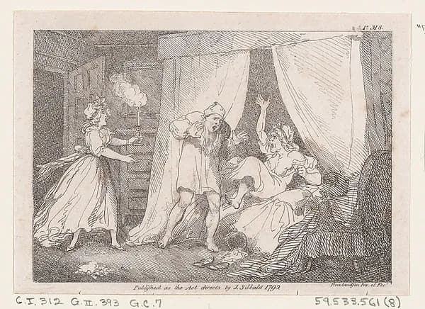 Parson Adams Discovered in a Suspicious Situation with Mrs. Slipslop, from "The Adventures of Joseph Andrews, and his friend Mr. Abraham Adams" by Thomas Rowlandson depicting Genesis 18