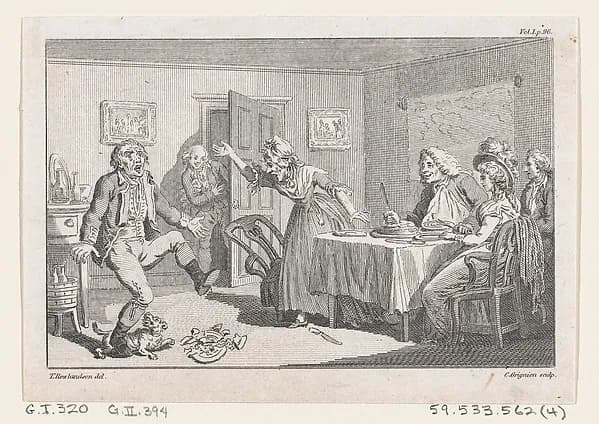 Humphry Clinker Smashing a Dish at Dinner..., an illustration from Tobias Smollett's "The Expedition of Humphry Clinker" (London, 1793), Vol. 1 by Charles Grignion, I depicting Tobit 6