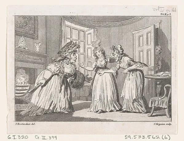 A Drawing Room Altercation, an illustration from Tobias Smollett's "The Expedition of Humphry Clinker" (London, 1793), Vol. 1 by Charles Grignion, I depicting Tobit 6