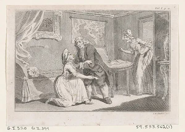 Matthew Bramble Offering Charity to the Ensign's Widow, an illustration from Tobias Smollett's "The Expedition of Humphry Clinker" (London, 1793), Vol. 1 by Charles Grignion, I depicting Tobit 6