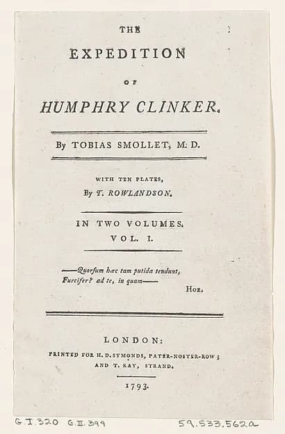 Title Page, from Tobias Smollett's "The Expedition of Humphry Clinker" (London, 1793), Vol. 1 by Thomas Rowlandson depicting Tobit 6