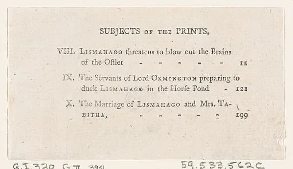 List of Plates VIII-X, from Tobias Smollett's "The Expedition of Humphry Clinker" (London, 1793), Vol. 1 by Thomas Rowlandson depicting Tobit 6