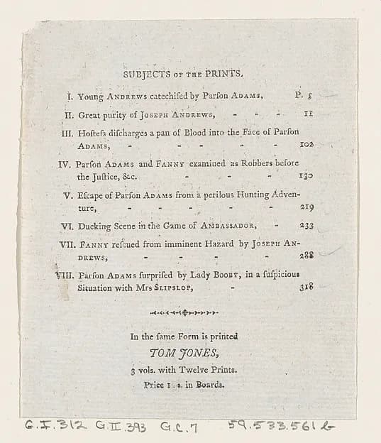 Table of Contents: "The Adventures of Joseph Andrews, and his friend Mr. Abraham Adams" by Thomas Rowlandson depicting Genesis 18