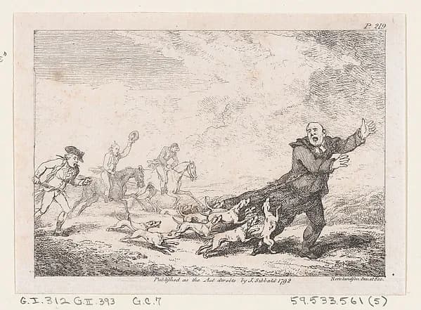 Parson Adams Engaged In A Perilous Hunting Adventure, from "The Adventures of Joseph Andrews, and his friend Mr. Abraham Adams" by Thomas Rowlandson depicting Genesis 18