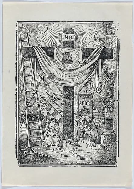 The cross decorated with instruments of the passion of Christ, two weeping angels below by José Guadalupe Posada depicting John 1